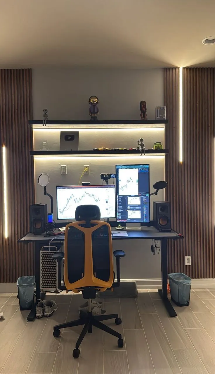 Trading desk with multiple high-resolution monitors
